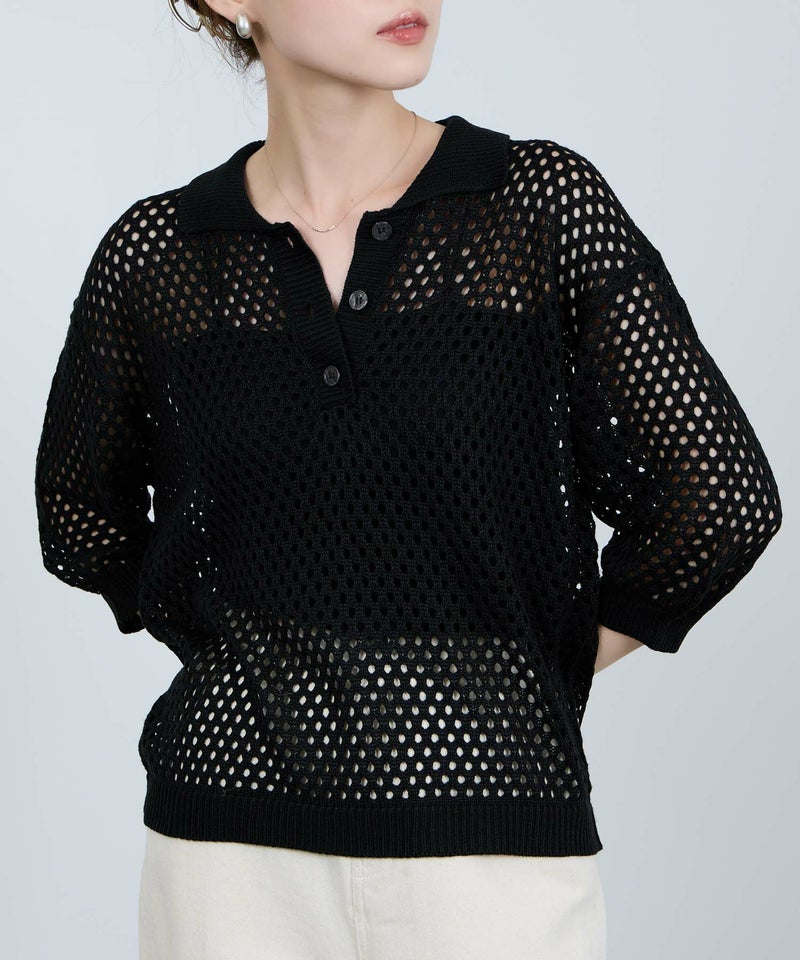 [期間限定knit]Idnes  メッシュニットポロシャツ レディース商品画像-5