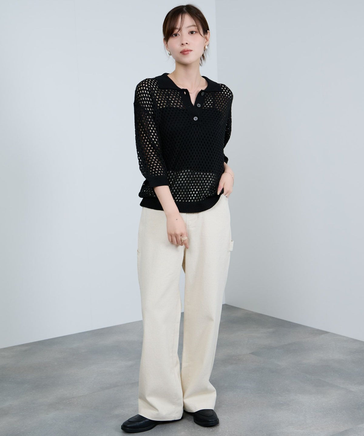 Idnes メッシュニットポロシャツ レディース