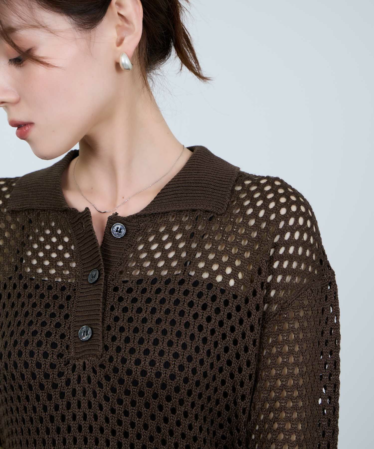Idnes メッシュニットポロシャツ レディース