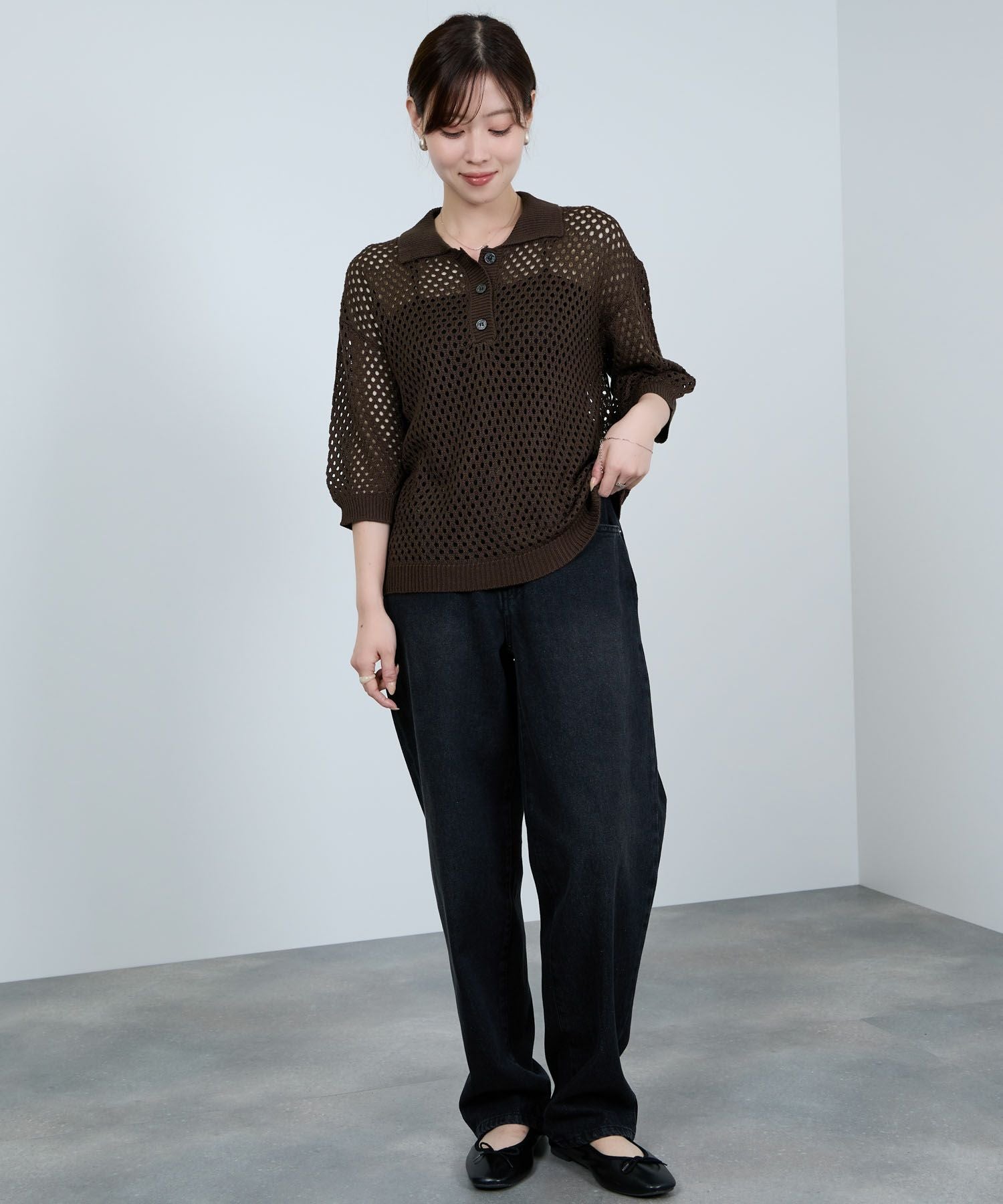 Idnes メッシュニットポロシャツ レディース