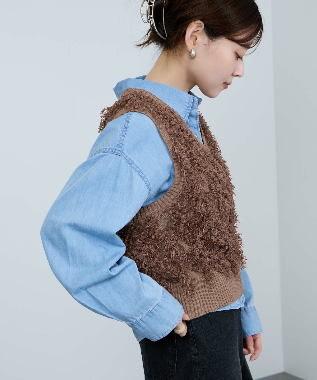 Idnes リボンヤーンニットジレ レディース