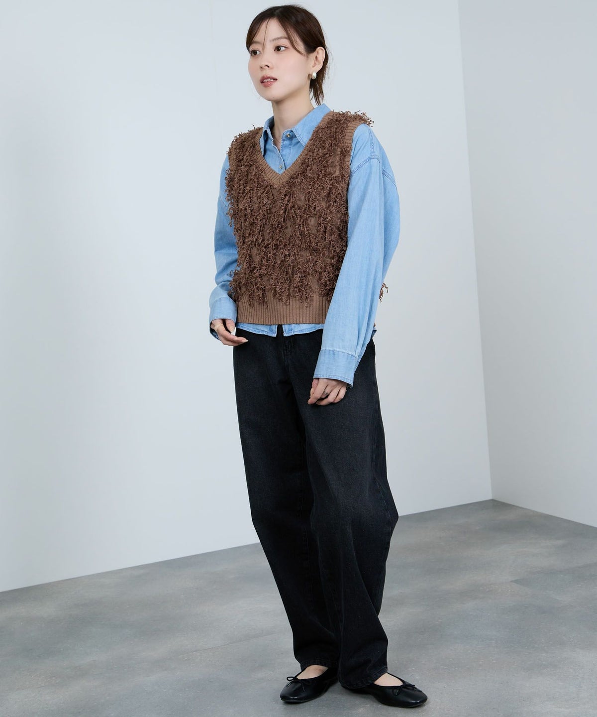 Idnes リボンヤーンニットジレ レディース