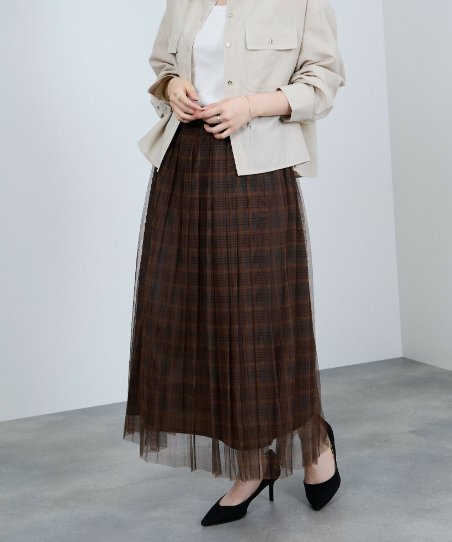 Idnes チェック柄チュールスカート レディース