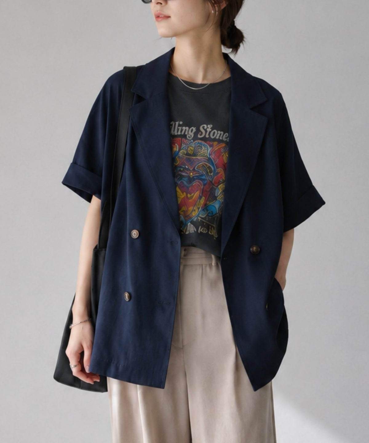  Idnes レーヨン麻混ハーフスリーブジャケット レディース