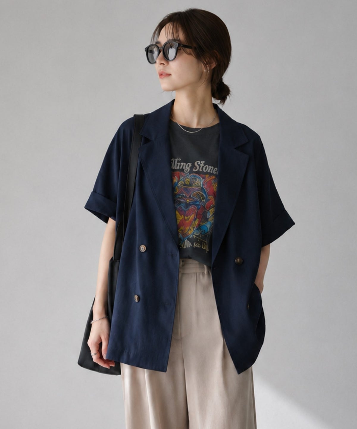  Idnes レーヨン麻混ハーフスリーブジャケット レディース