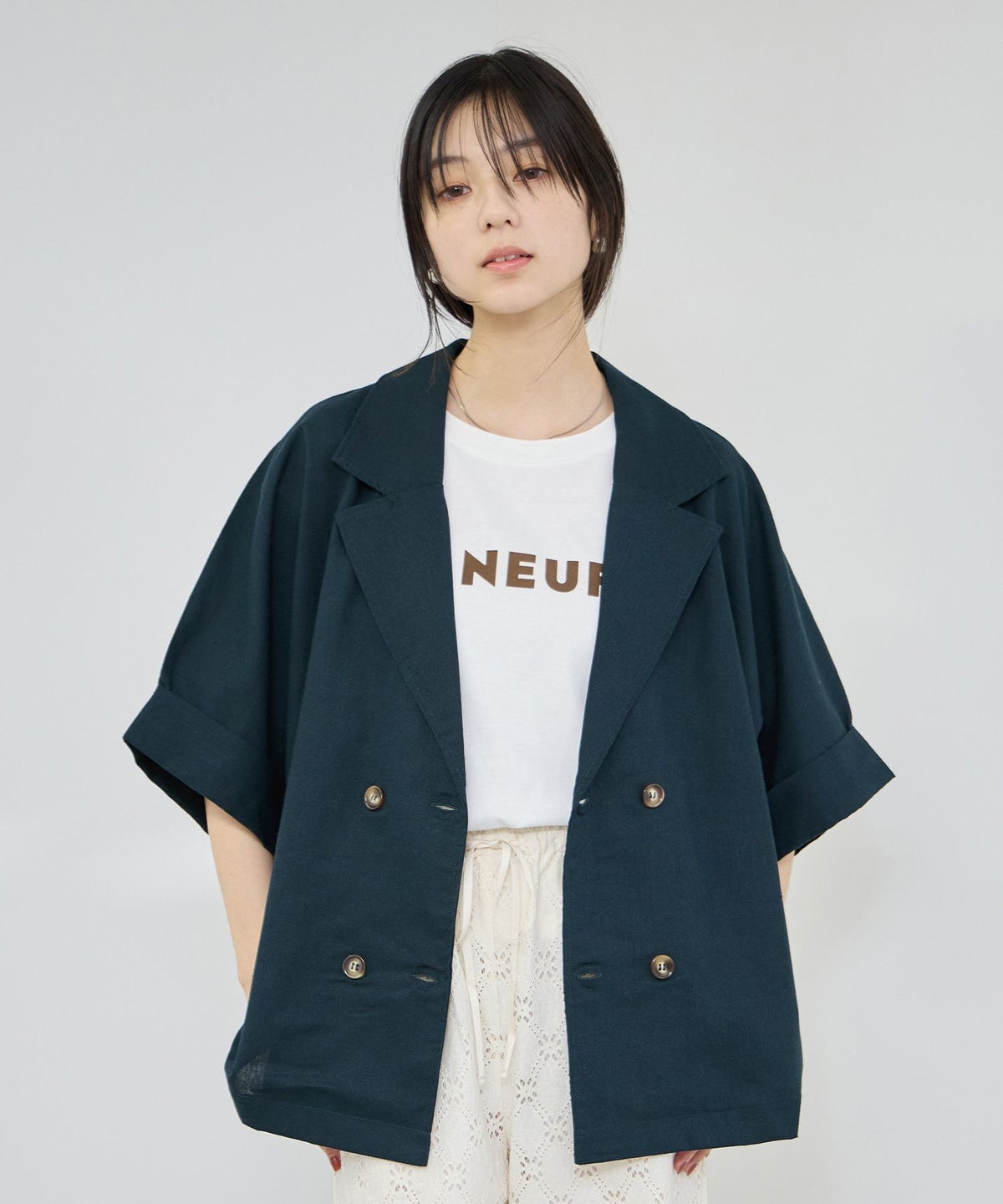  Idnes レーヨン麻混ハーフスリーブジャケット レディース