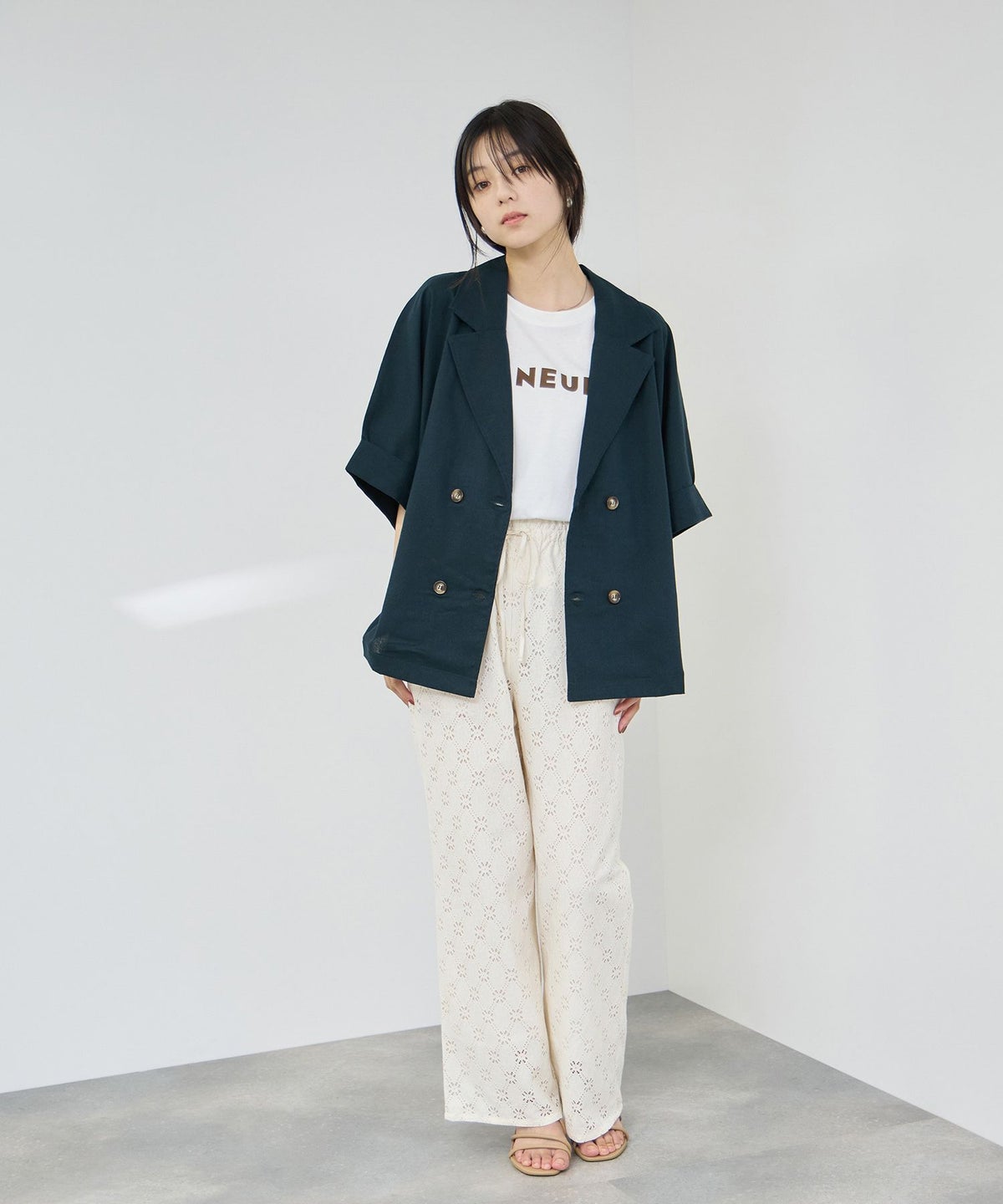  Idnes レーヨン麻混ハーフスリーブジャケット レディース