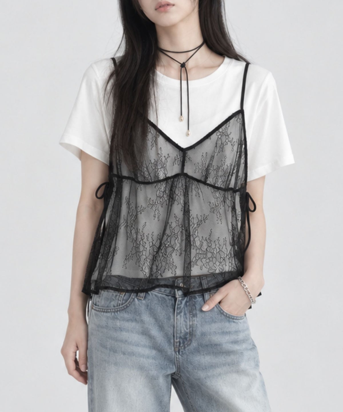  Idnes Tシャツ×レースキャミソールセット レディース