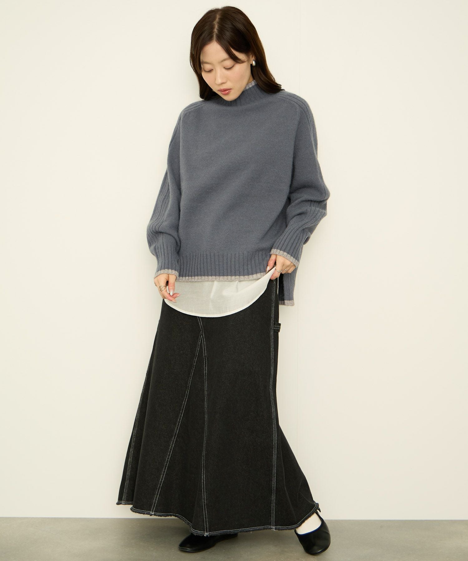 もちもち出品 nAvy もちり もちもち 配色ハイネックニット レディース
