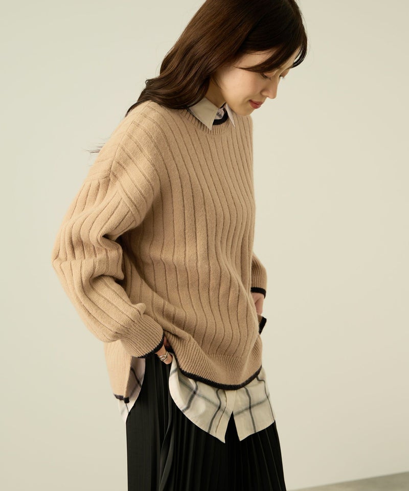 nAvy もちり もちもち 洗えるニット 配色クルーネック レディース商品画像-2