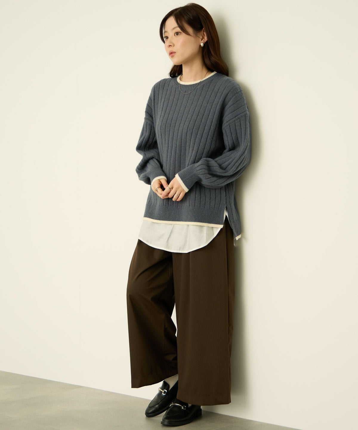 nAvy もちり もちもち 洗えるニット 配色クルーネック レディース