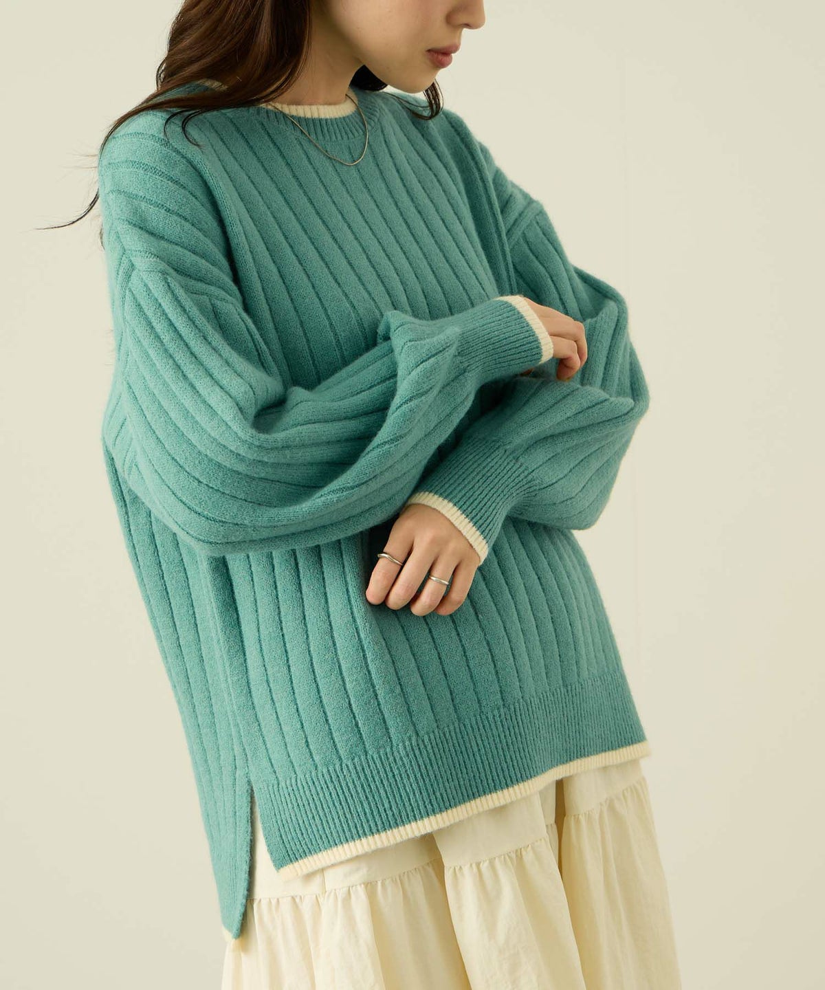 nAvy もちり もちもち 洗えるニット 配色クルーネック レディース