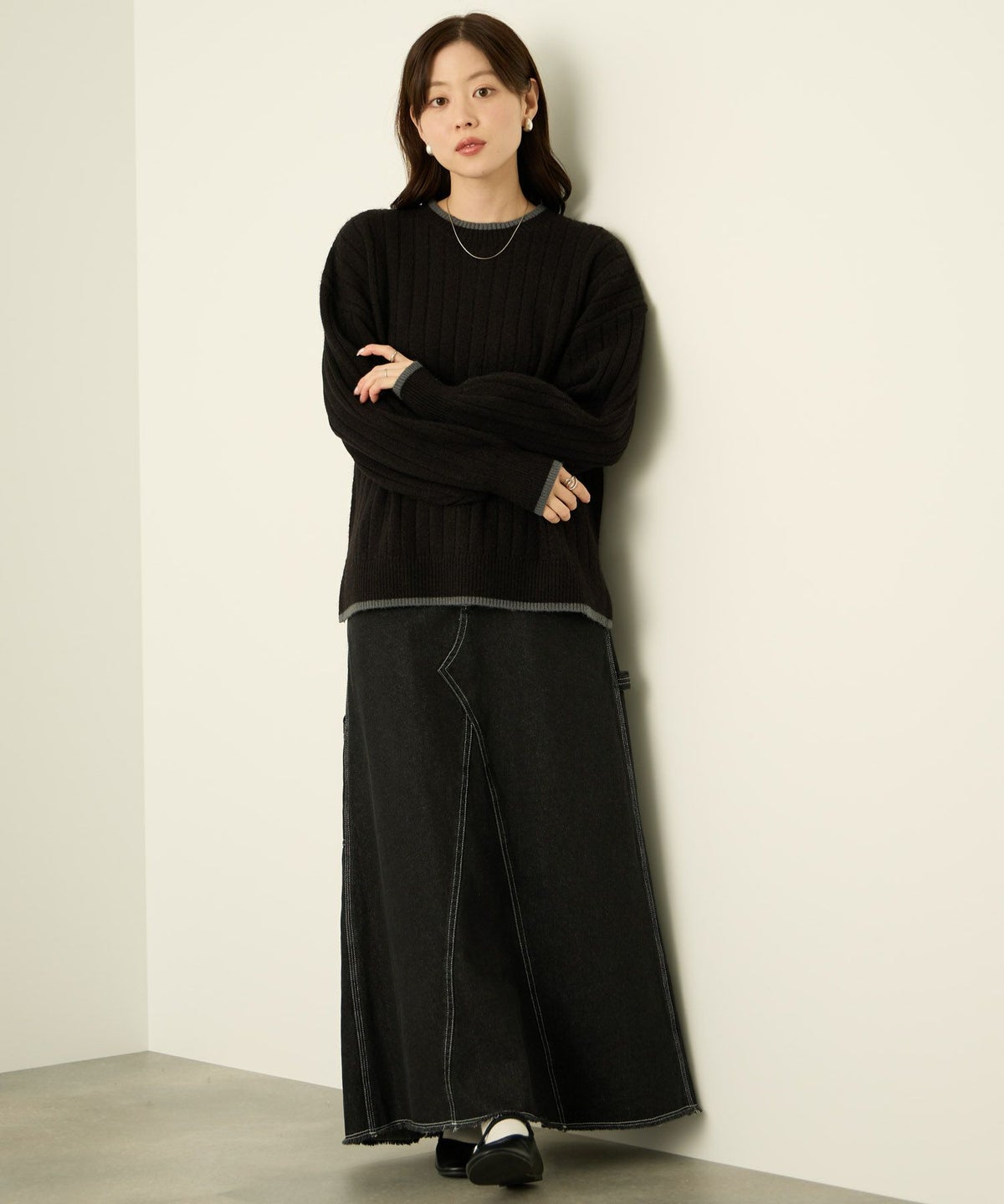 nAvy もちり もちもち 洗えるニット 配色クルーネック レディース