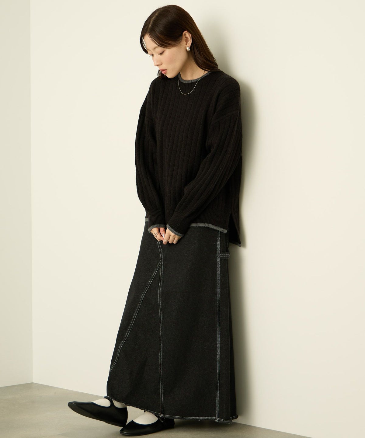 nAvy もちり もちもち 洗えるニット 配色クルーネック レディース