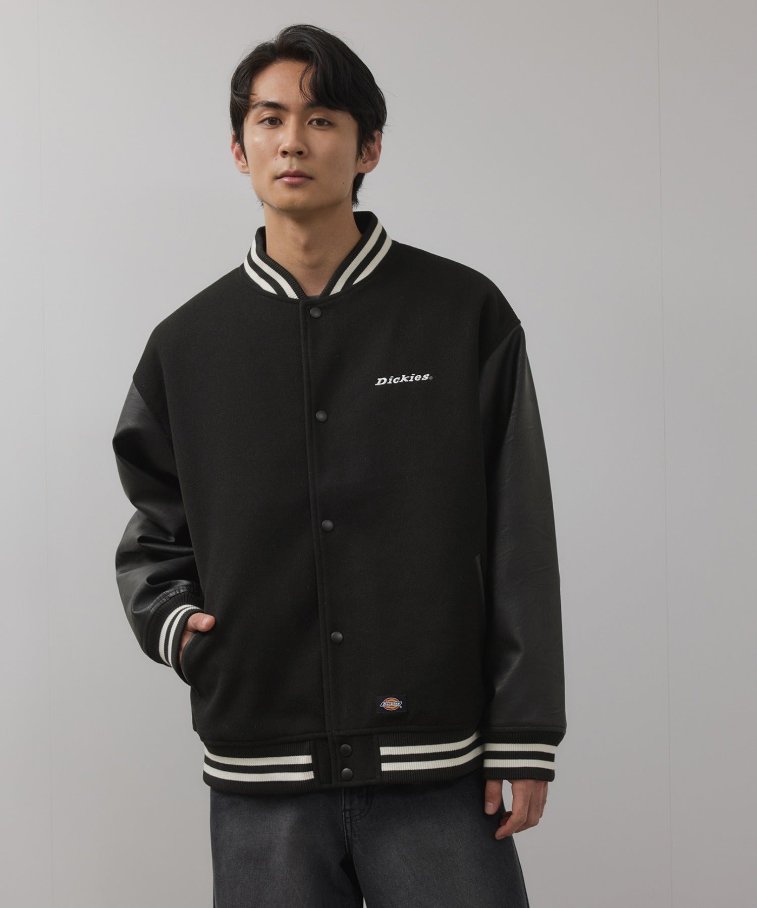 Dickies スタジャン ブラック Dickies/ディッキーズ ロゴ刺繍 合成皮革切替 スタジアムジャンパー
