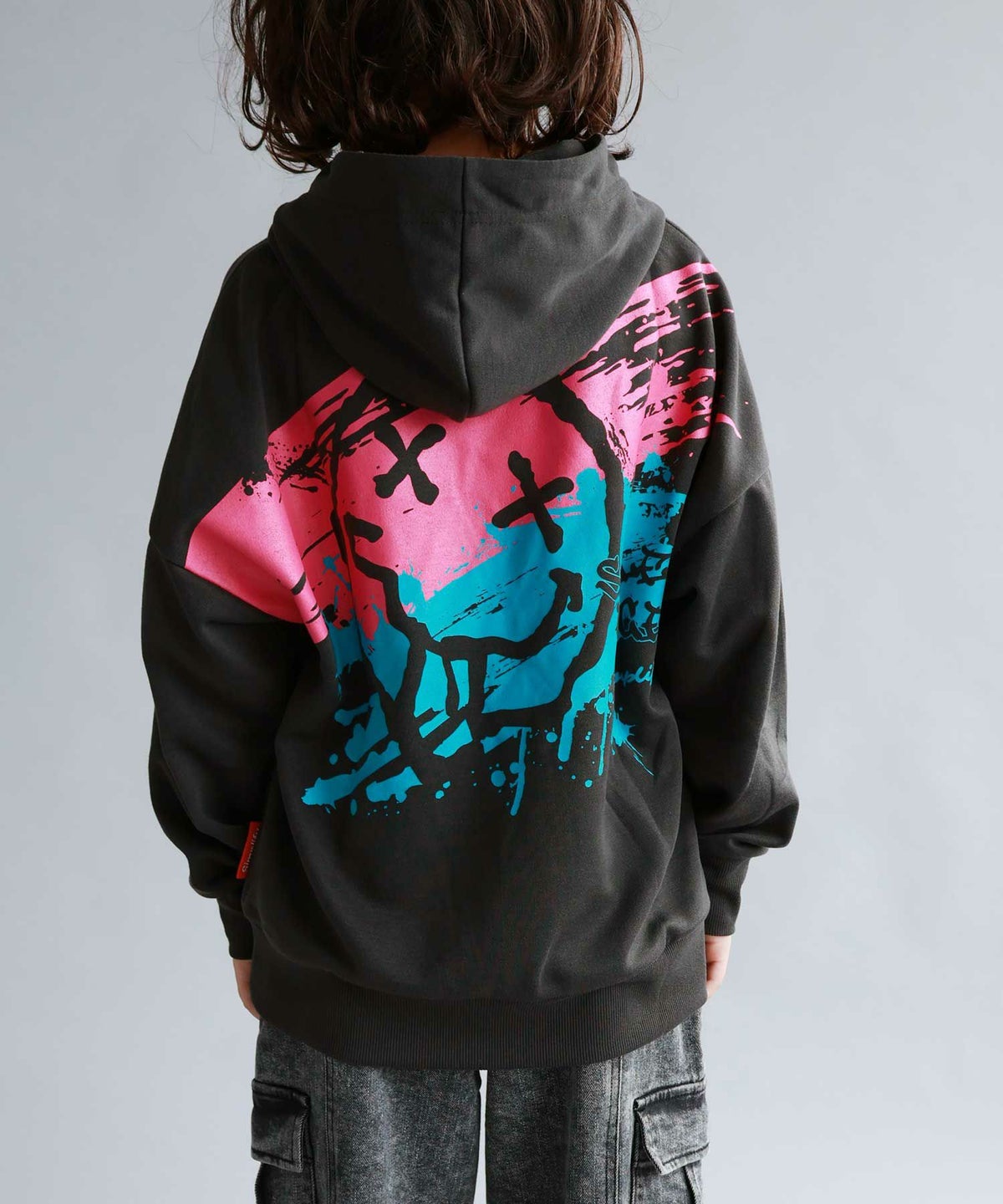 Simplify スマイリーフェイス ポンチ素材プリントビッグパーカー キッズ