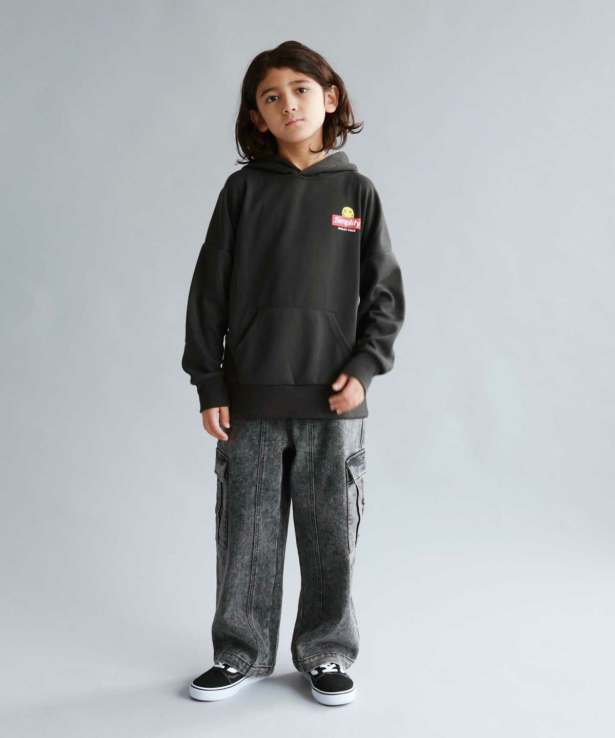 Simplify スマイリーフェイス ポンチ素材プリントビッグパーカー キッズ