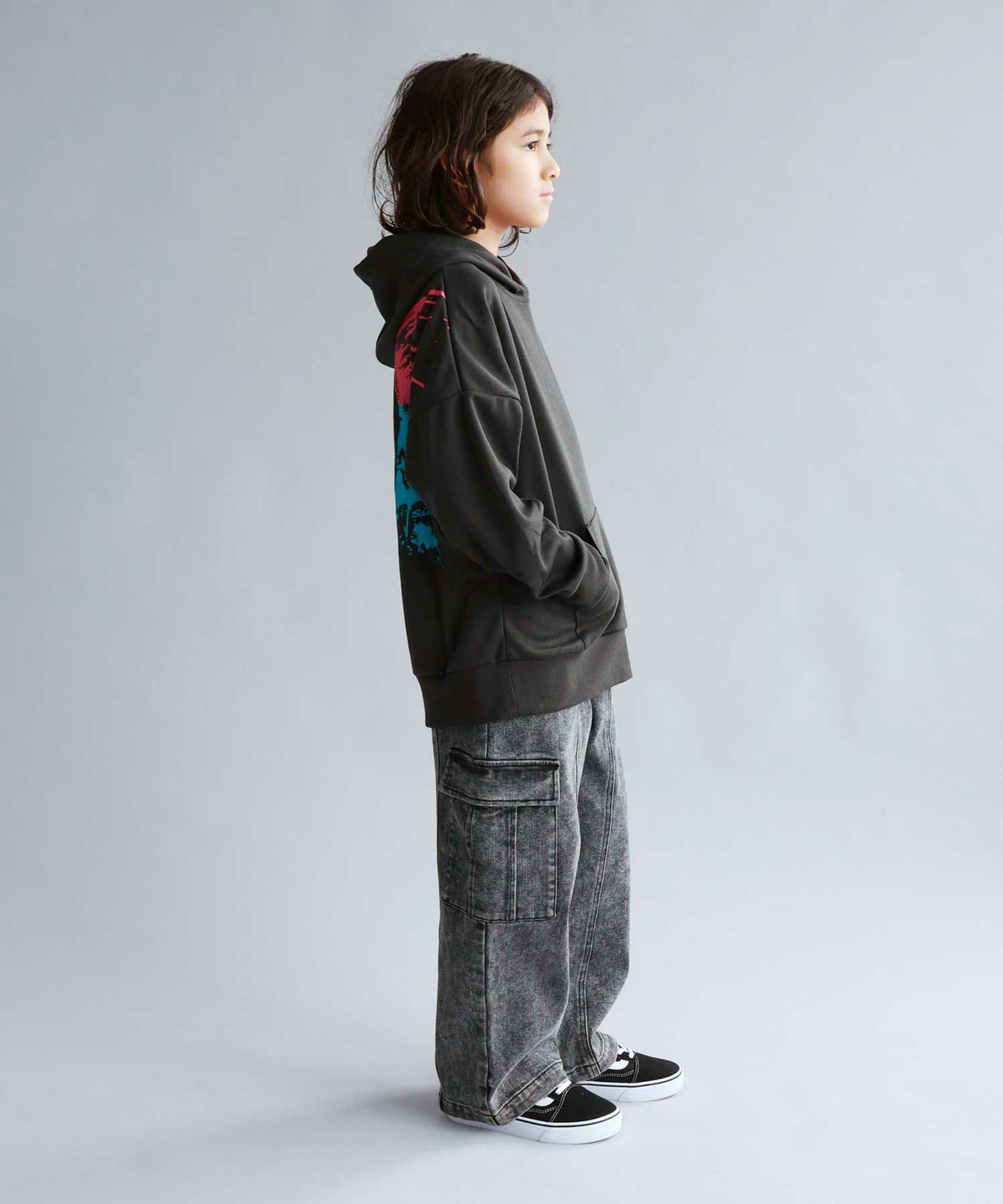 Simplify スマイリーフェイス ポンチ素材プリントビッグパーカー キッズ