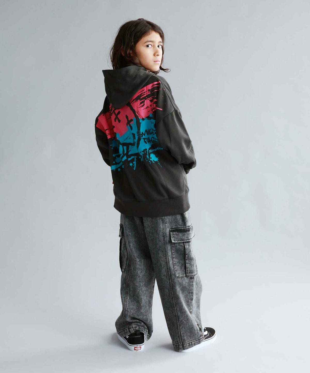 Simplify スマイリーフェイス ポンチ素材プリントビッグパーカー キッズ