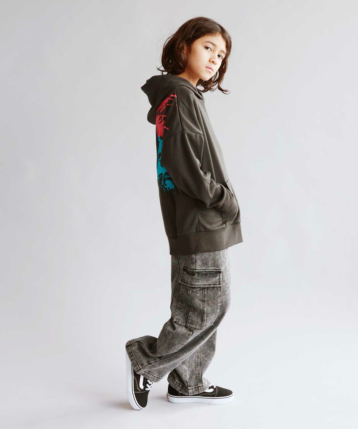 Simplify スマイリーフェイス ポンチ素材プリントビッグパーカー キッズ