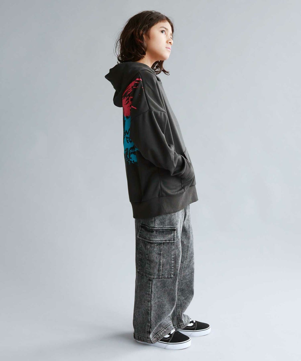 Simplify スマイリーフェイス ポンチ素材プリントビッグパーカー キッズ