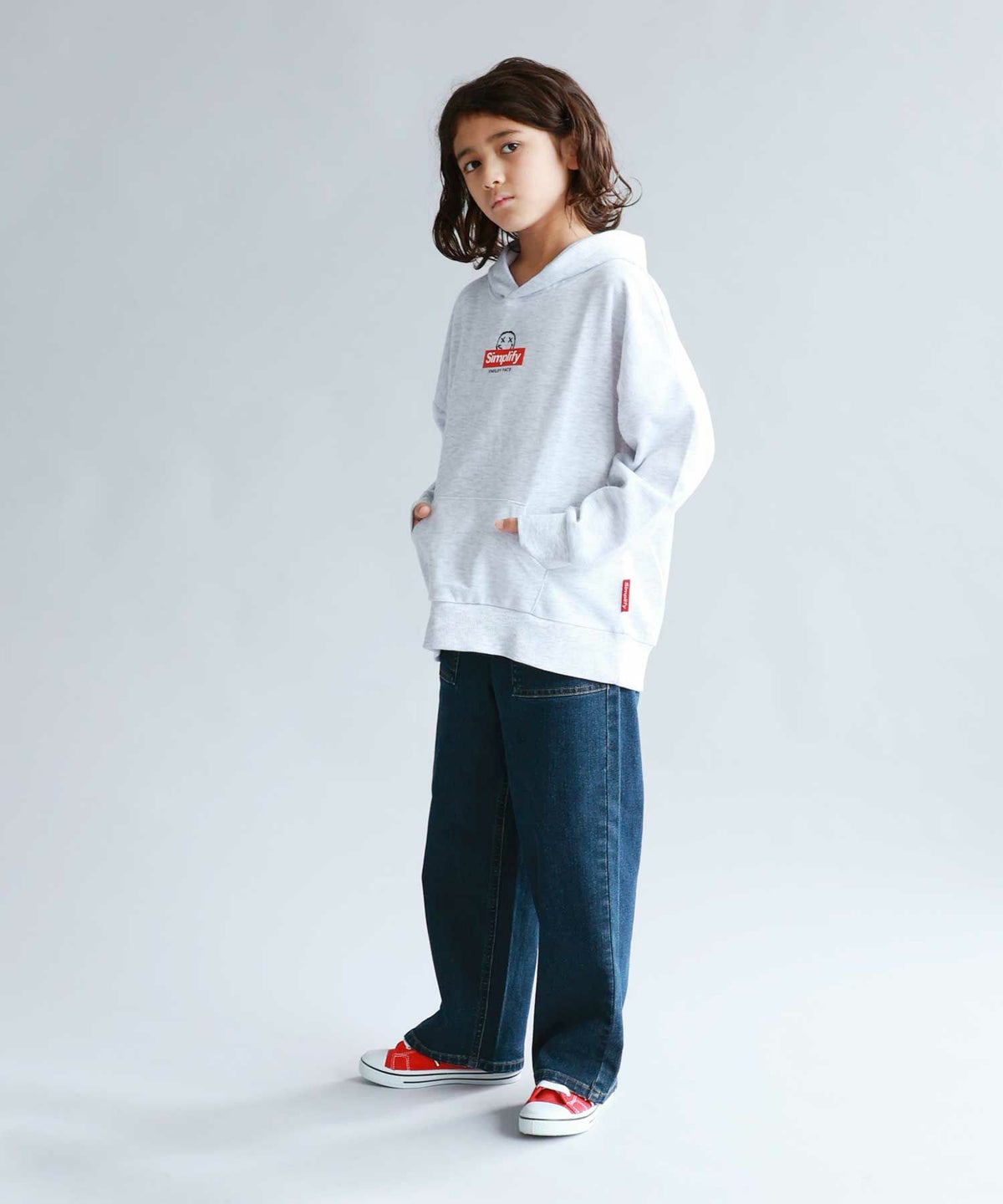 Simplify スマイリーフェイス ポンチ素材プリントビッグパーカー キッズ