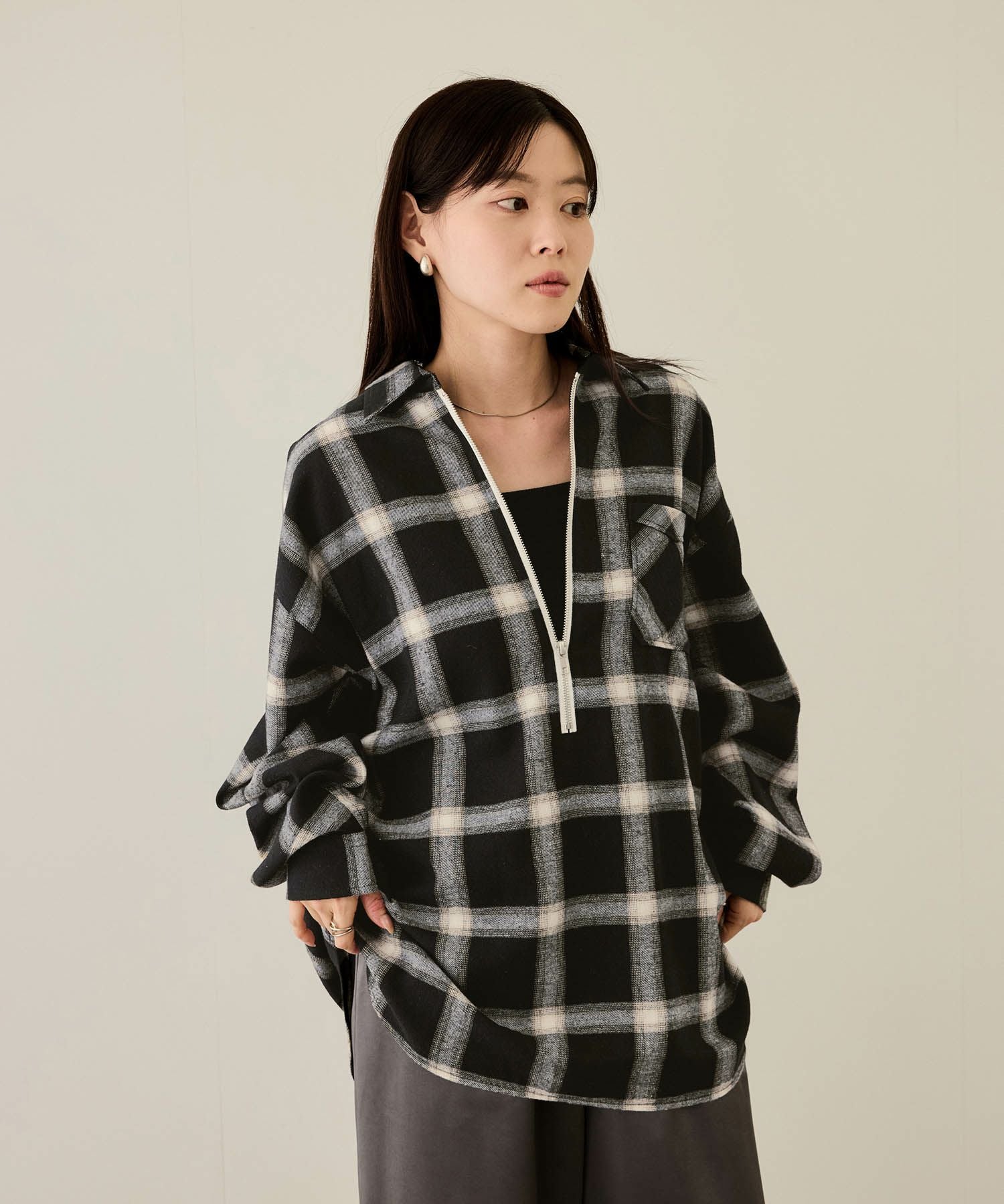 nAvy ハーフジップオンブレネルシャツ レディース