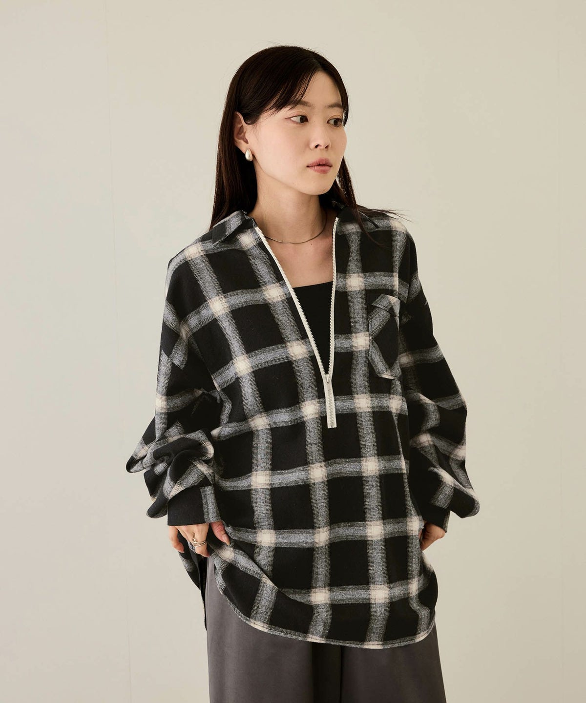 nAvy ハーフジップオンブレネルシャツ レディース