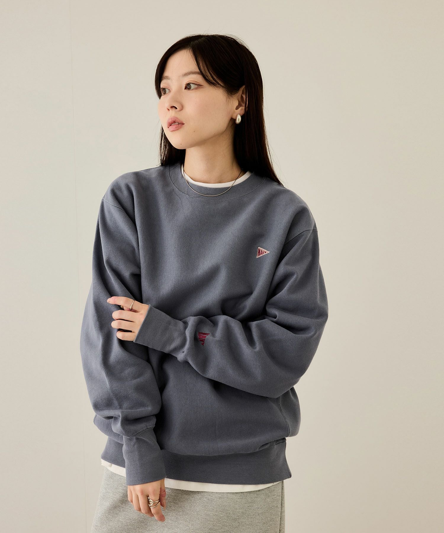 NAVY ヘビーウェイト ワンポイント刺繍クルーネックスウェット メンズ