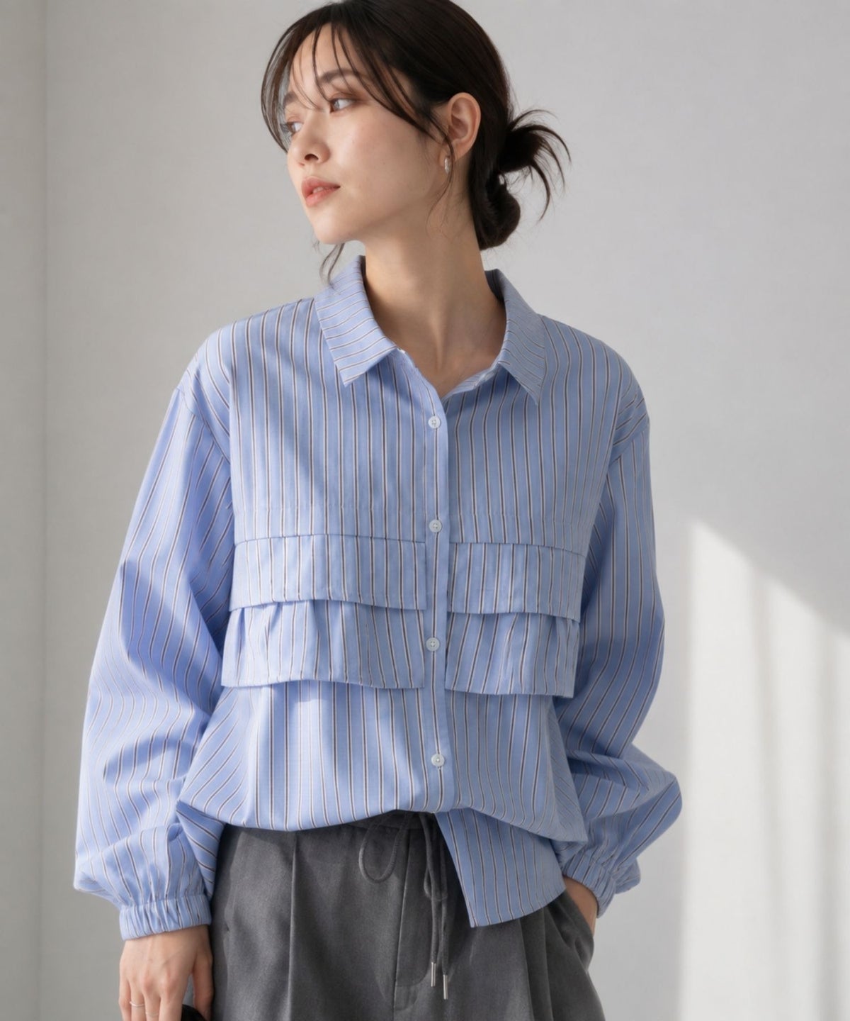 [期間限定価格]Idnes ストライプフリルシャツ レディース