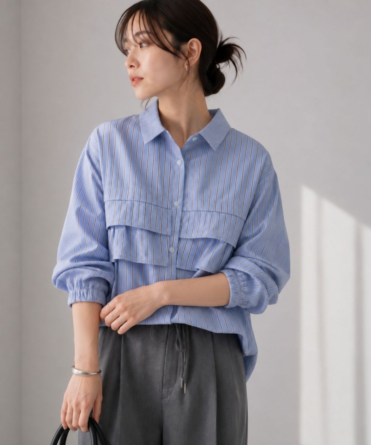 [期間限定価格]Idnes ストライプフリルシャツ レディース