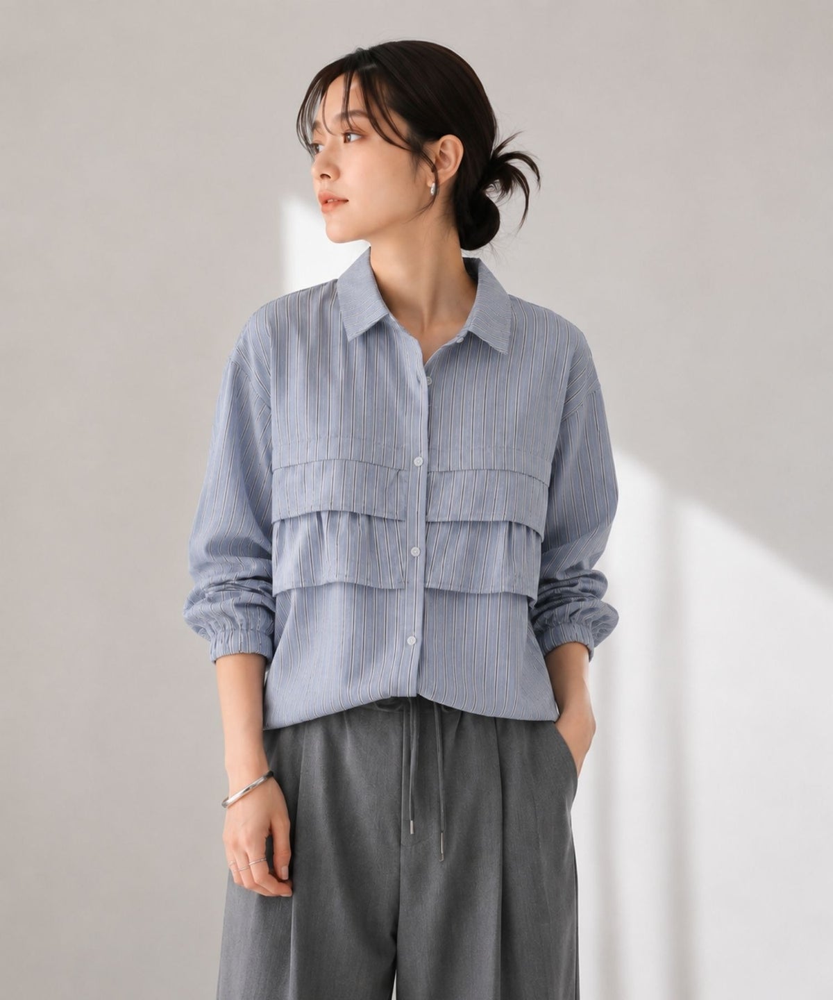 [期間限定価格]Idnes ストライプフリルシャツ レディース
