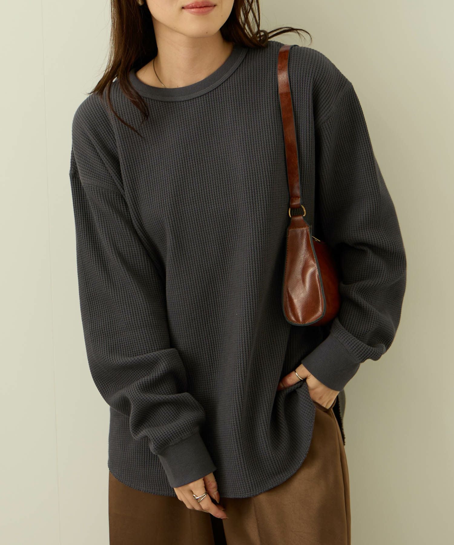 nAvy リラックスフィット ワッフルクルーネック長袖Tシャツ レディース
