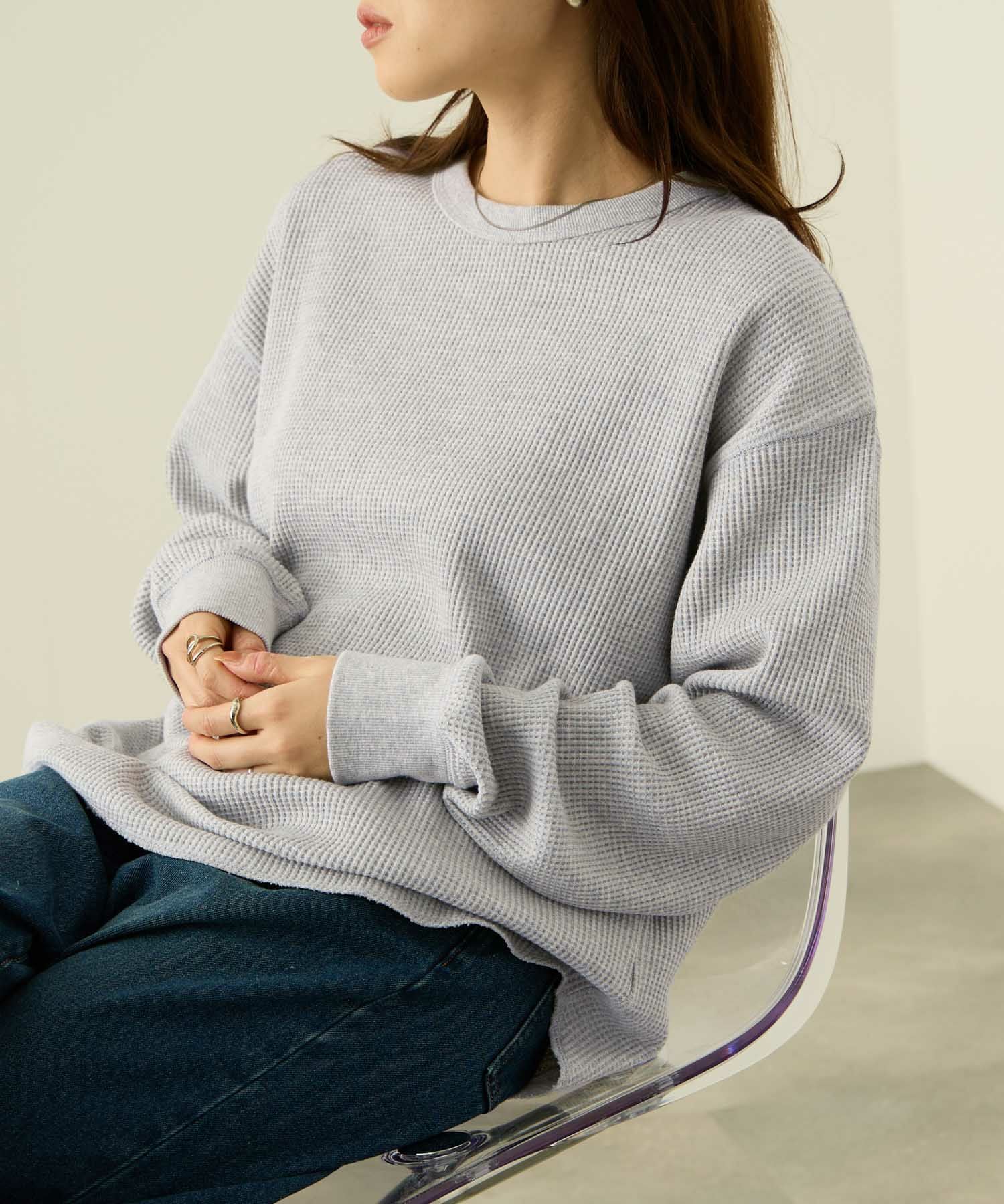 nAvy リラックスフィット ワッフルクルーネック長袖Tシャツ レディース