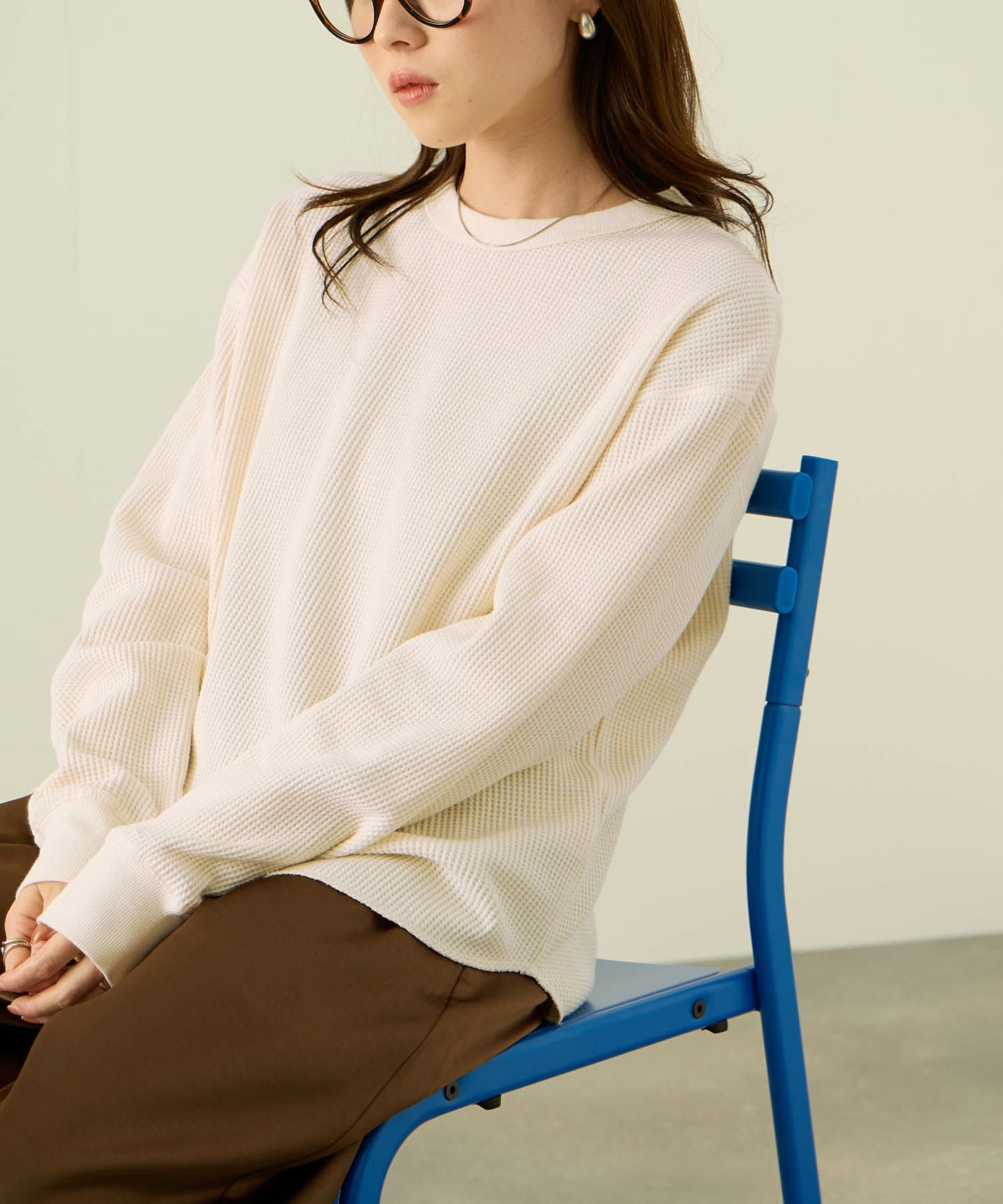 nAvy リラックスフィット ワッフルクルーネック長袖Tシャツ レディース