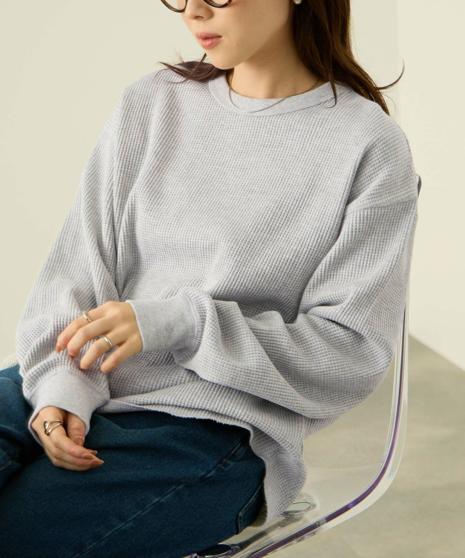 nAvy リラックスフィット ワッフルクルーネック長袖Tシャツ レディース