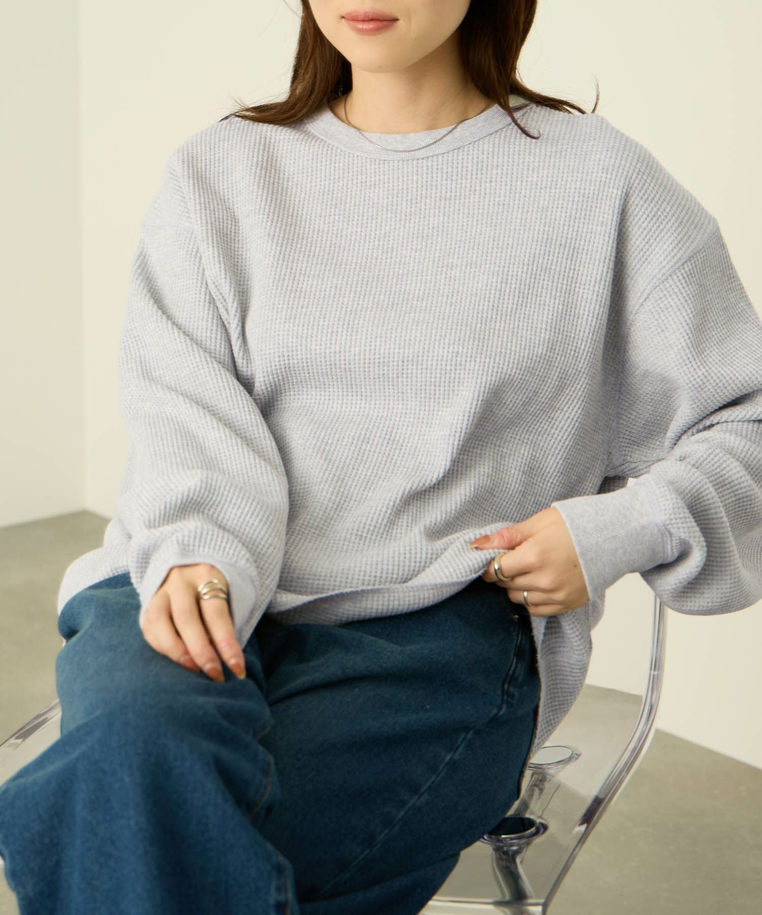 nAvy リラックスフィット ワッフルクルーネック長袖Tシャツ レディース