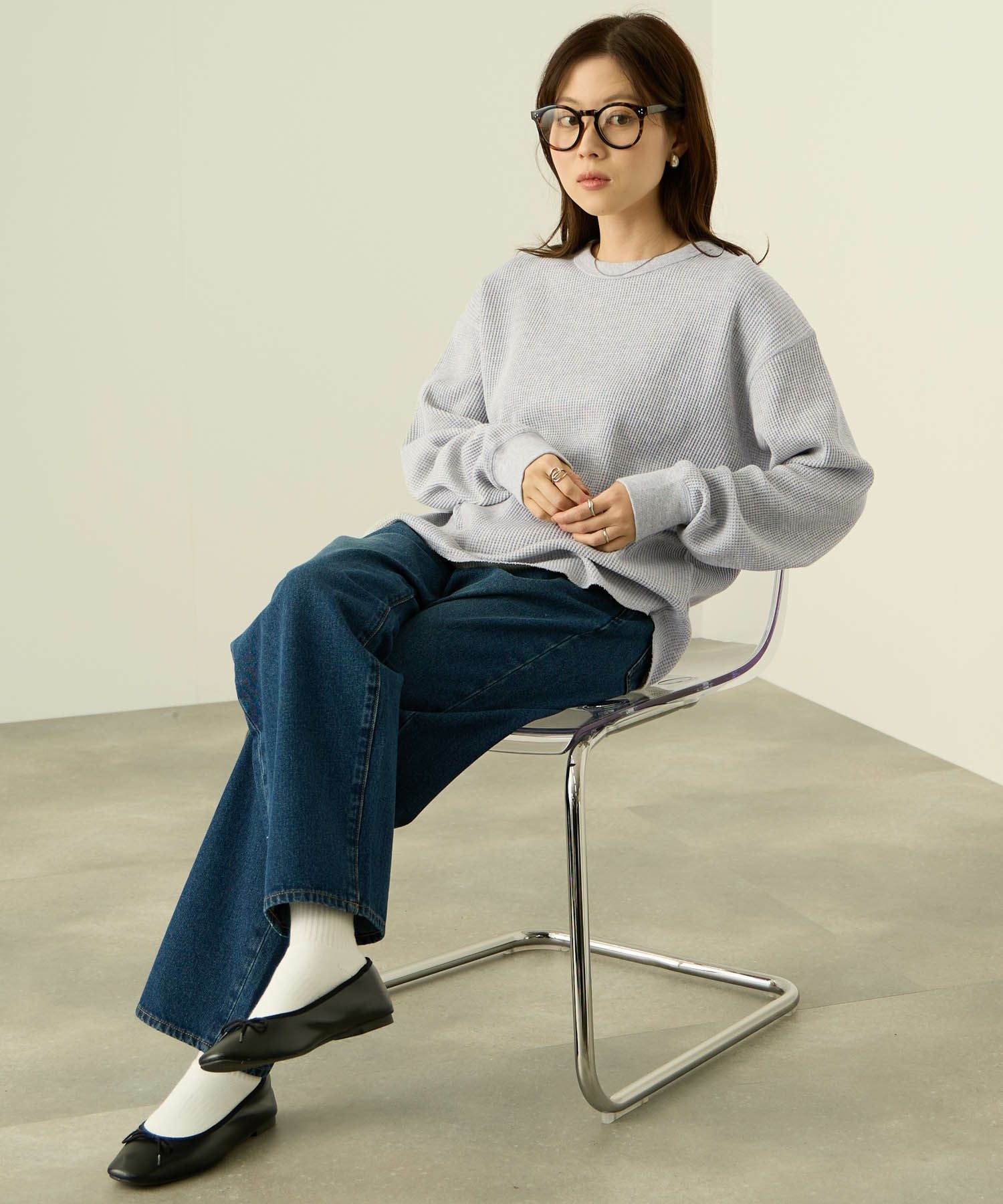 nAvy リラックスフィット ワッフルクルーネック長袖Tシャツ レディース