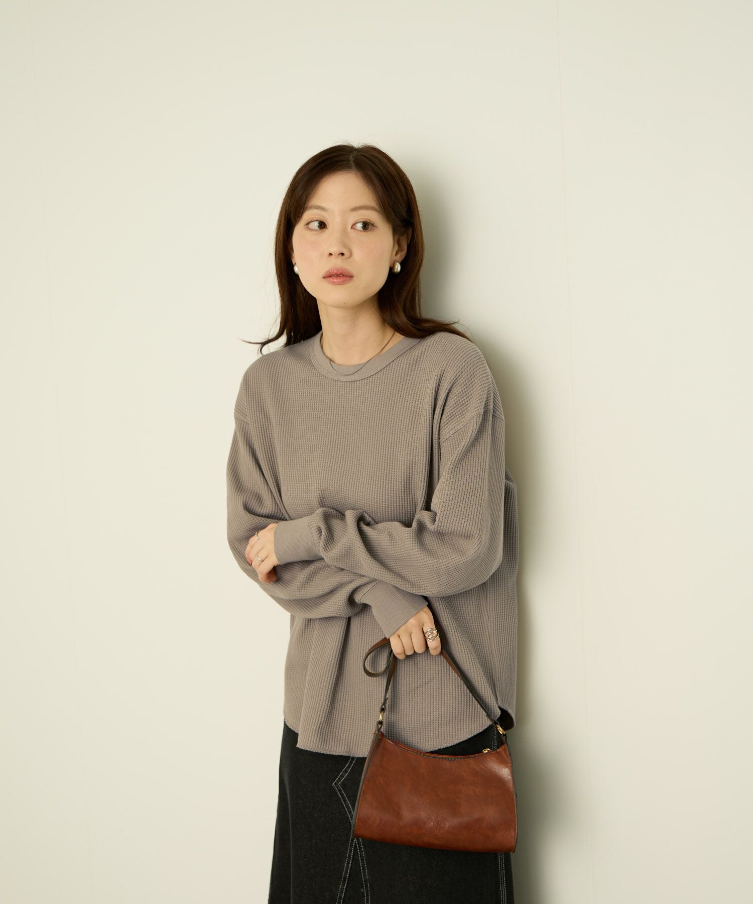 nAvy リラックスフィット ワッフルクルーネック長袖Tシャツ レディース