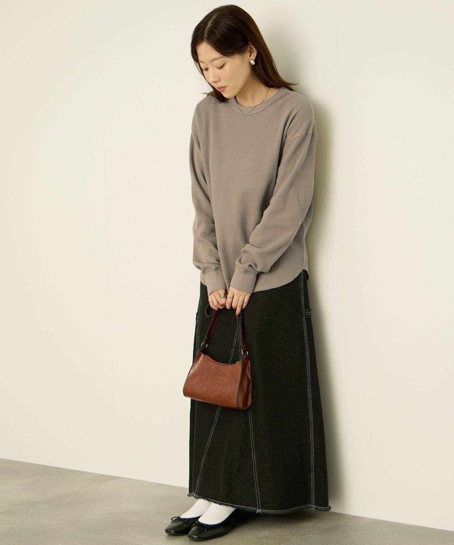 nAvy リラックスフィット ワッフルクルーネック長袖Tシャツ レディース