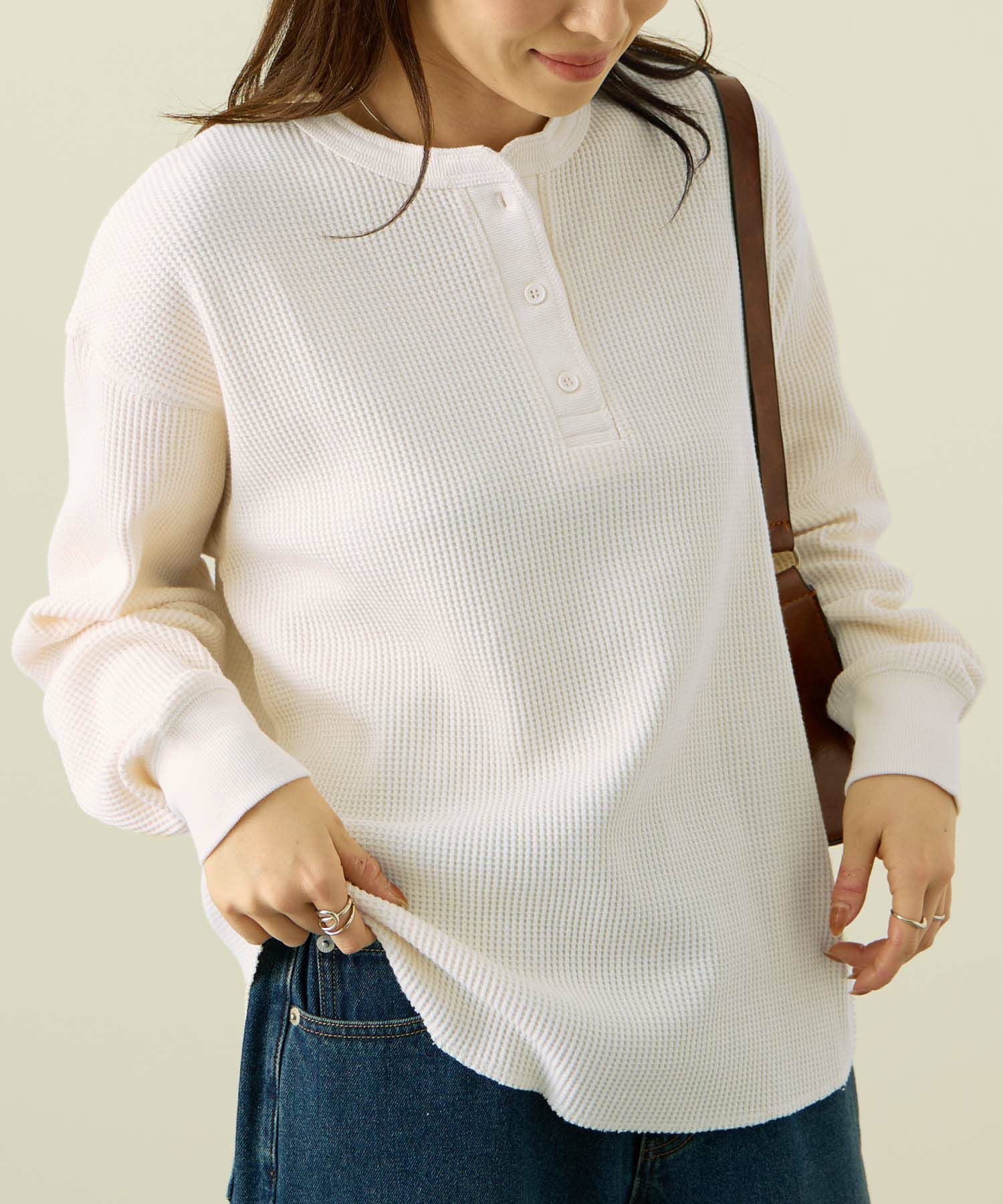 nAvy リラックスフィット ワッフルヘンリーネック長袖Tシャツ レディース
