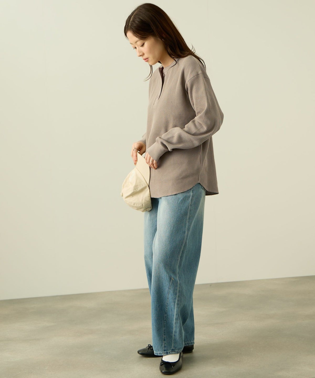 nAvy リラックスフィット ワッフルヘンリーネック長袖Tシャツ レディース メール便 対応商品