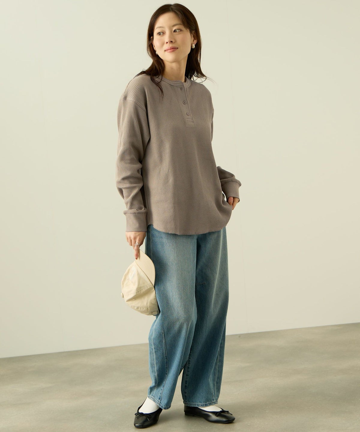 nAvy リラックスフィット ワッフルヘンリーネック長袖Tシャツ レディース メール便 対応商品