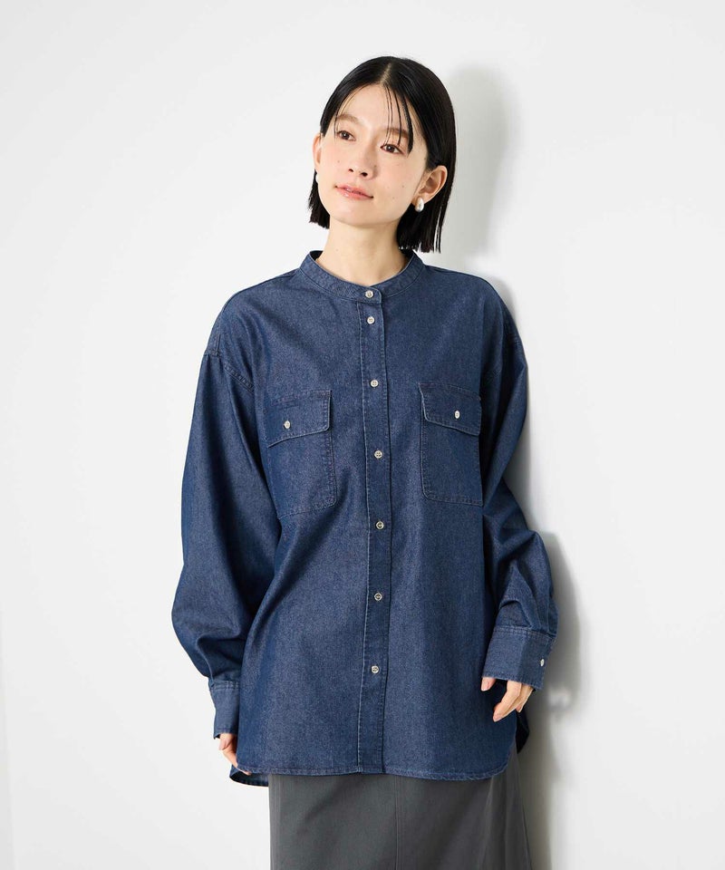 Idnes  デニムバンドカラーシャツ レディース商品画像-1