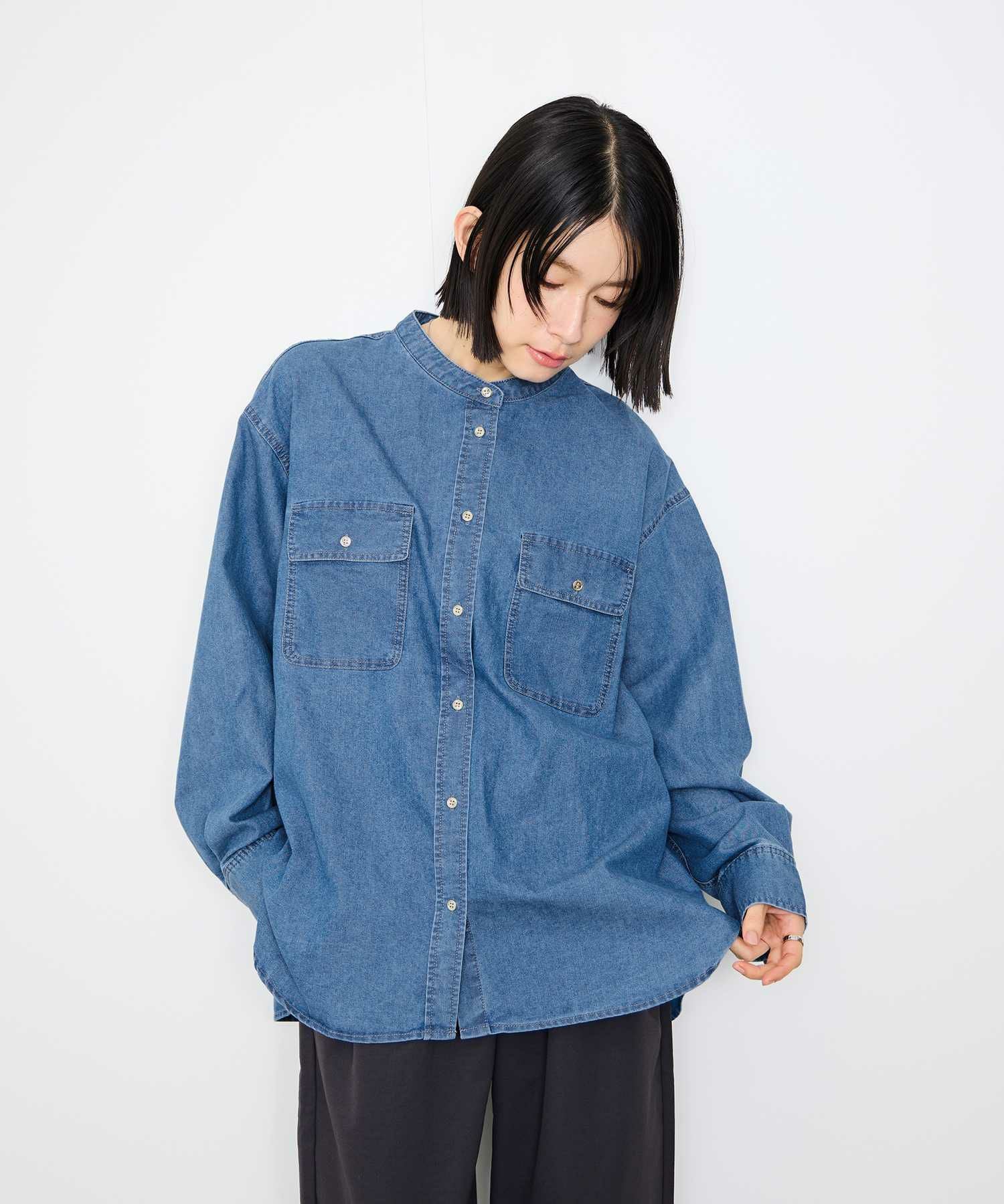 Idnes デニムバンドカラーシャツ レディース