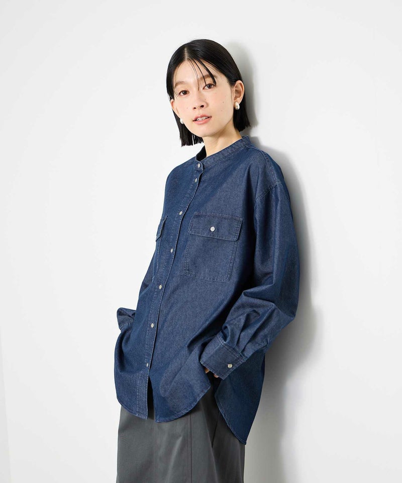 Idnes デニムバンドカラーシャツ レディース商品画像-3