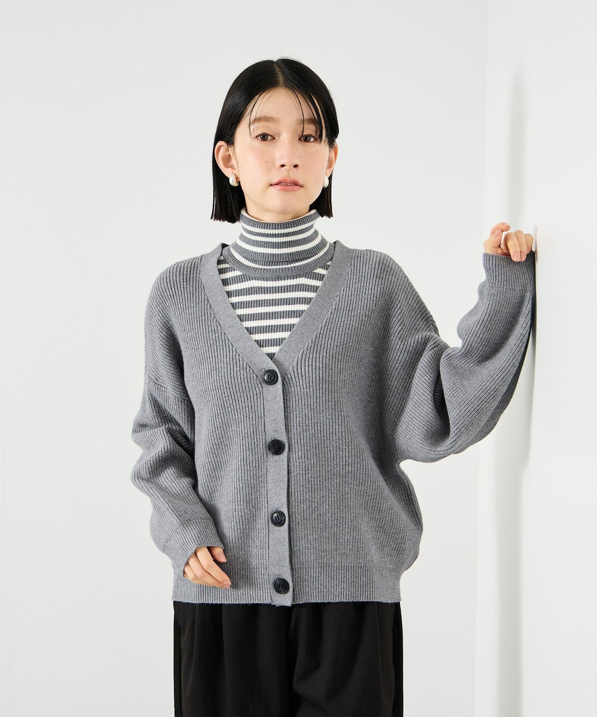 Idnes Vネック畦ボリュームスリーブカーディガン レディース