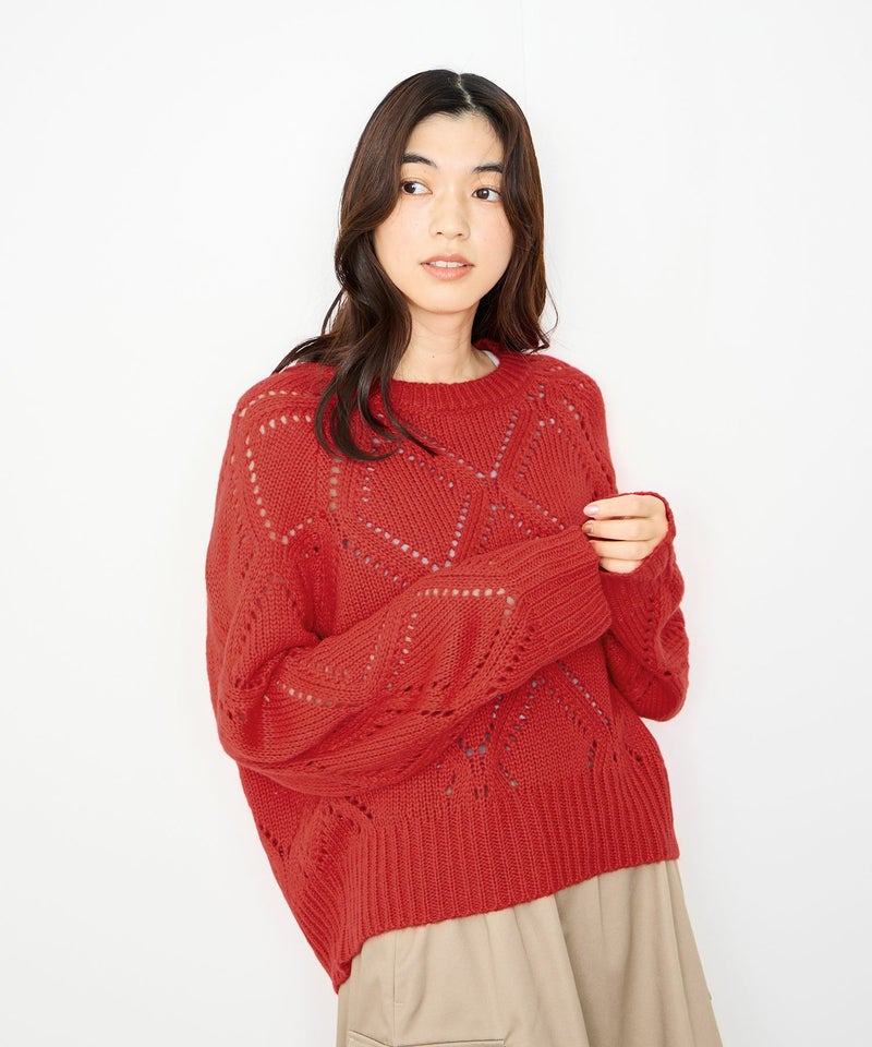 Idnes ダイヤ柄透かし編みニットプルオーバー レディース商品画像-1