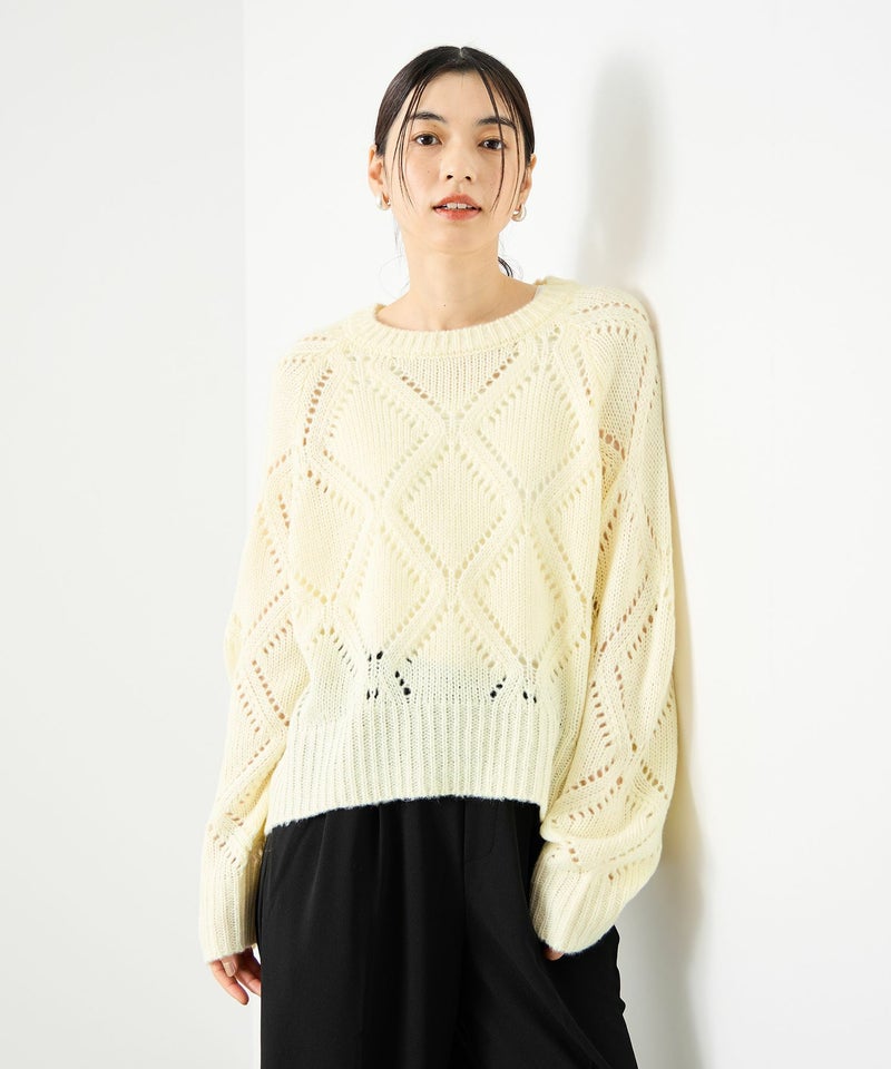 Idnes ダイヤ柄透かし編みニットプルオーバー レディース商品画像-2