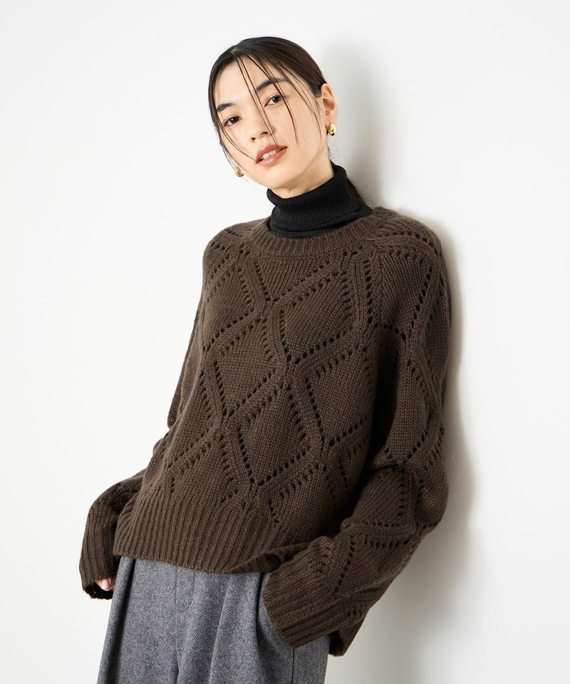 Idnes ダイヤ柄透かし編みニットプルオーバー レディース商品画像-3